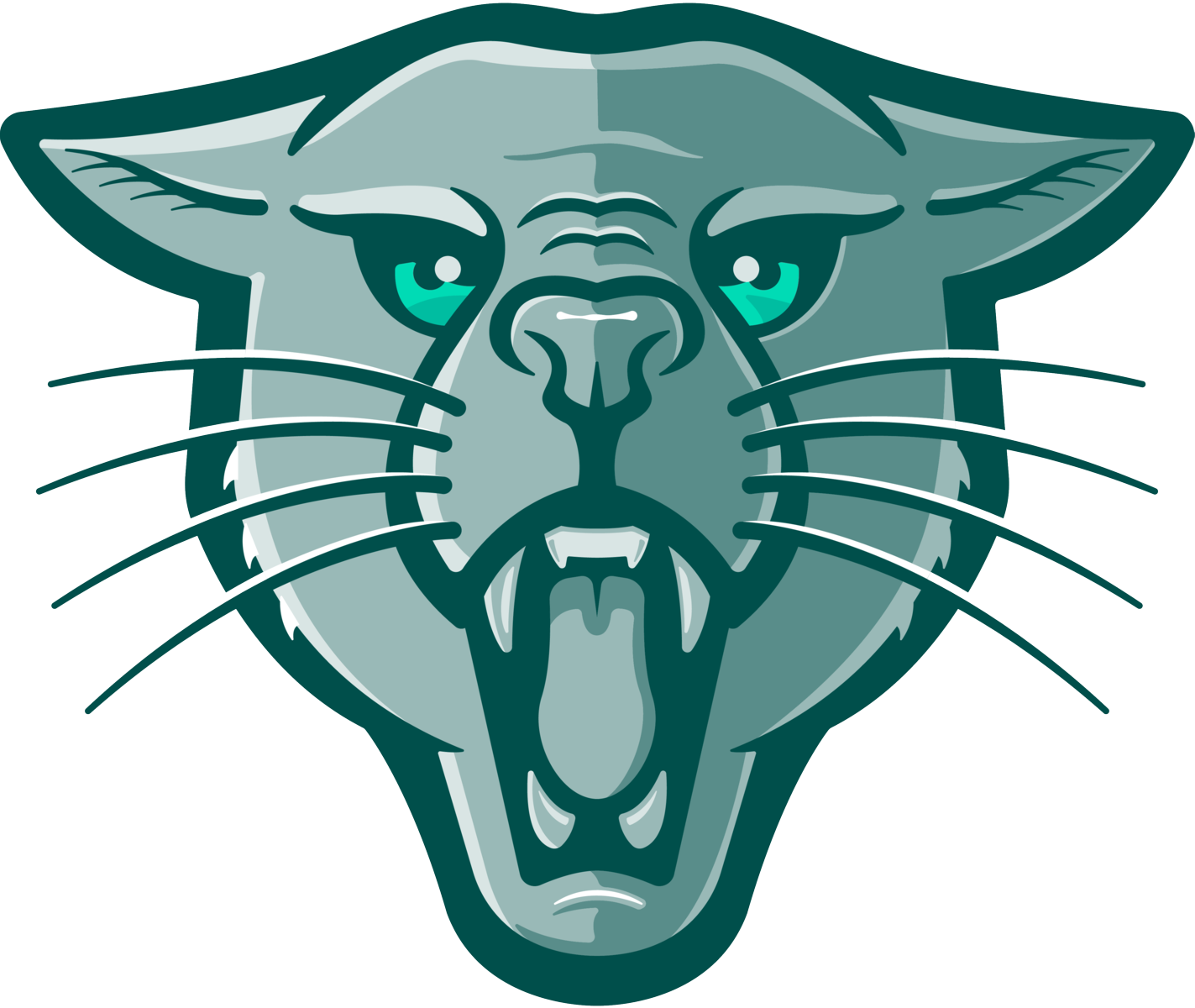 A Heritage Green outline of a roaring cougar head viewed head-on with flattened ears. The left side of the face is shaded a medium opacity Heritage Green with the right side of the face shaded a light opacity Heritage Green. The eyes are Mint Green and it is all on a white background.